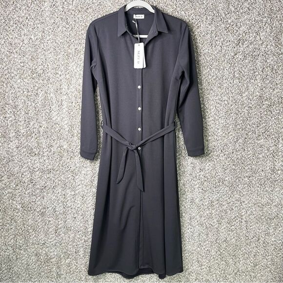 Suzy D London Dress Women’s M/L Gray Long-Sleeve Button Front Midi Belted NWT - Picture 1 of 8